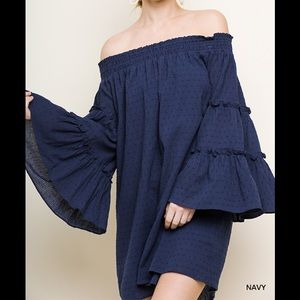 Umgee polka dot off shoulder dress in navy NWT